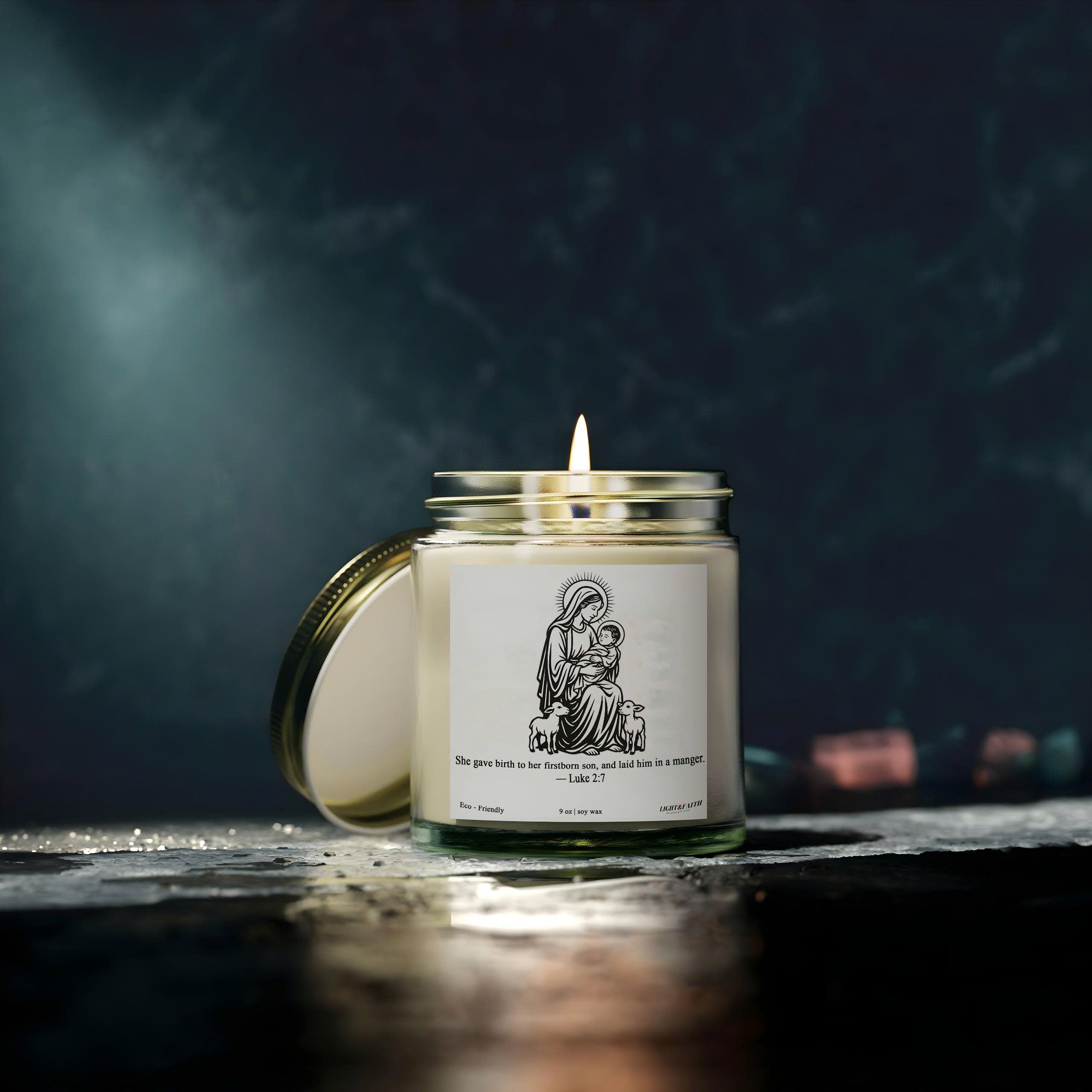 Luke 2:7 Christian Candle, She Gave Birth to Her Firstborn Son, Nativity Scene Candle, Inspirational Christmas Gift CDLAF25